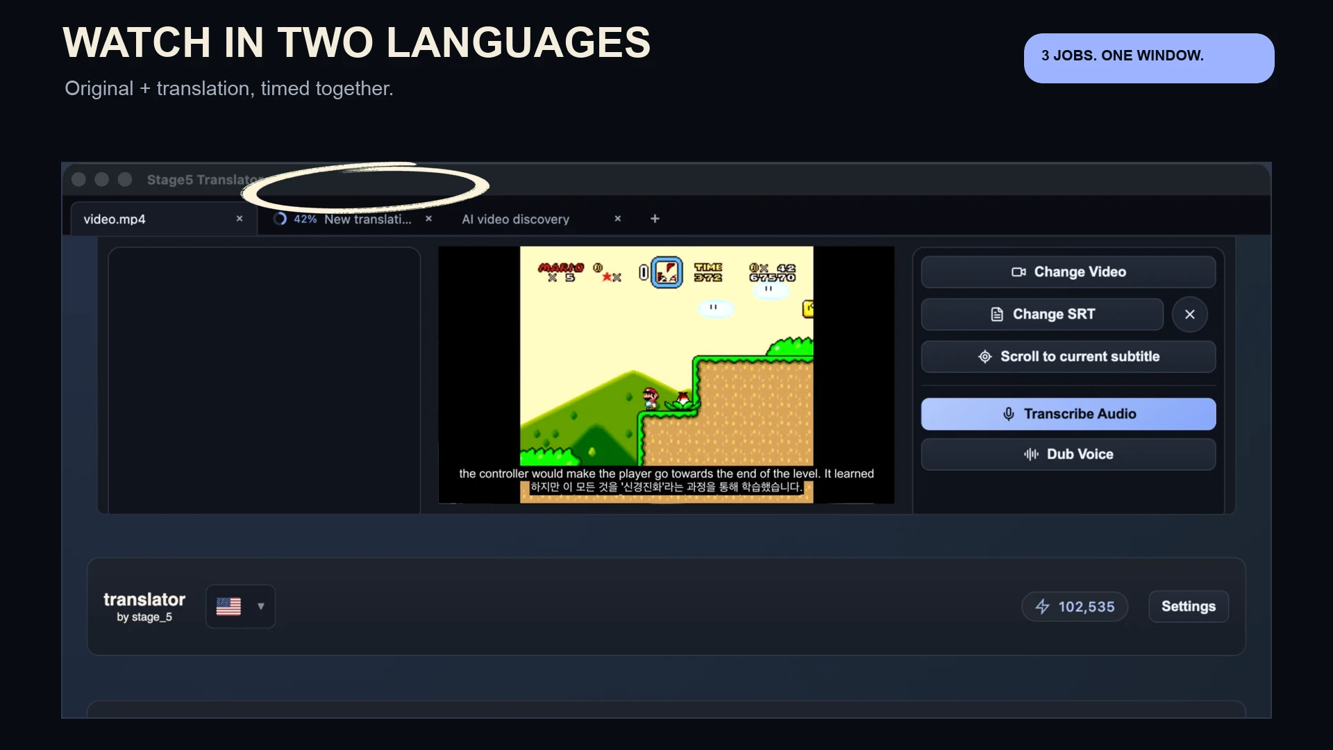 Translator desktop app with multiple video workspaces open in tabs