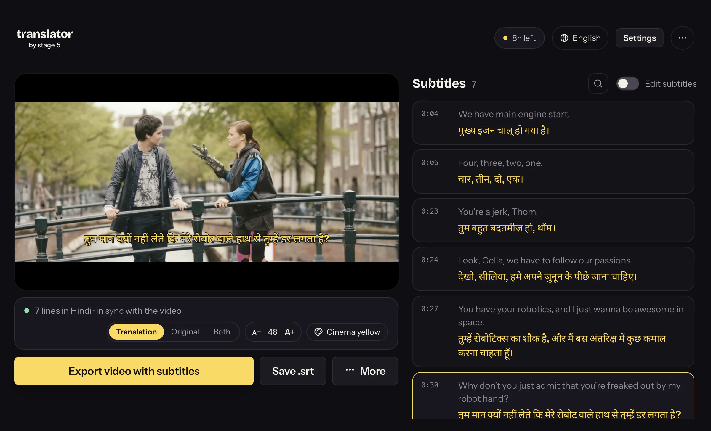 Translator showing Hindi subtitles on Tears of Steel alongside the English dialogue and translated lines.