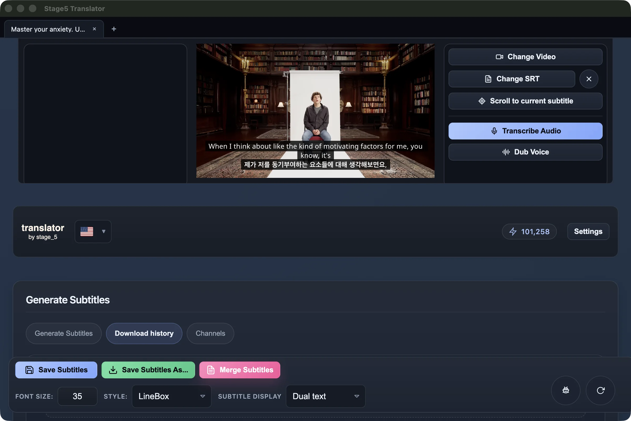 Current Translator app showing original and translated subtitles together in the LineBox style