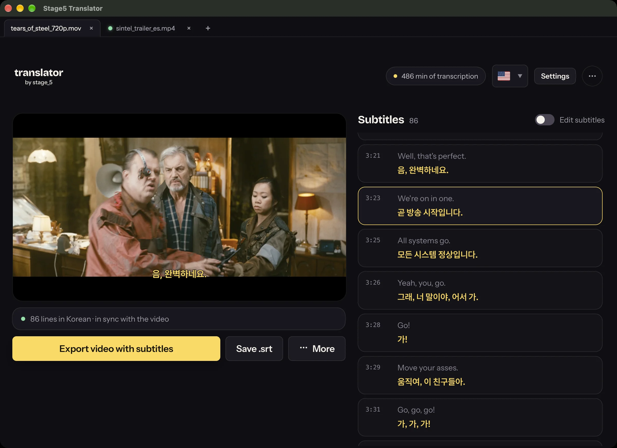 여러 영상 작업을 독립된 탭으로 연 Translator 화면